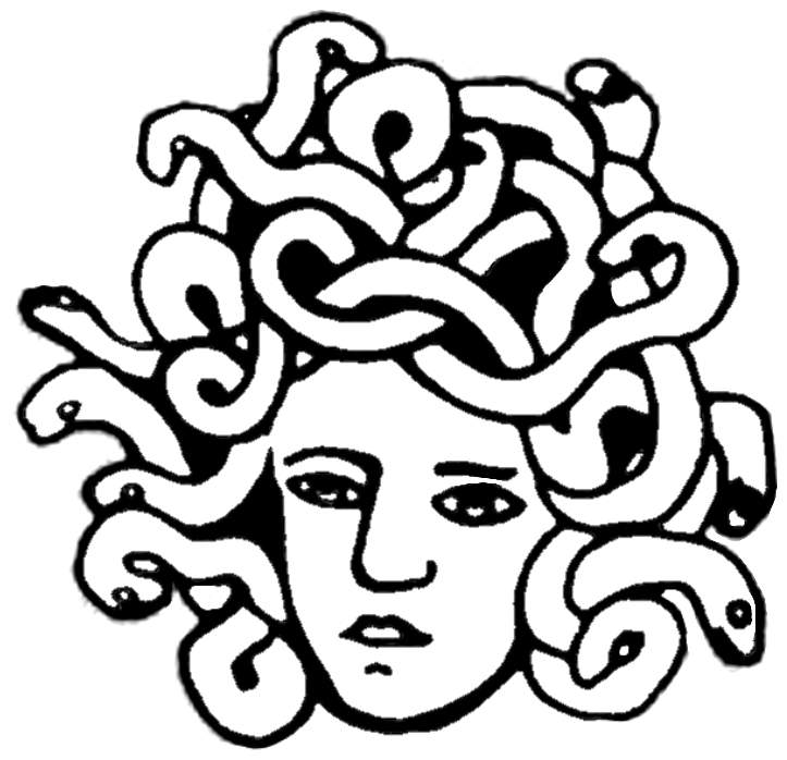 The illustrated face of Medusa, used as the first logo of Medusa Communications